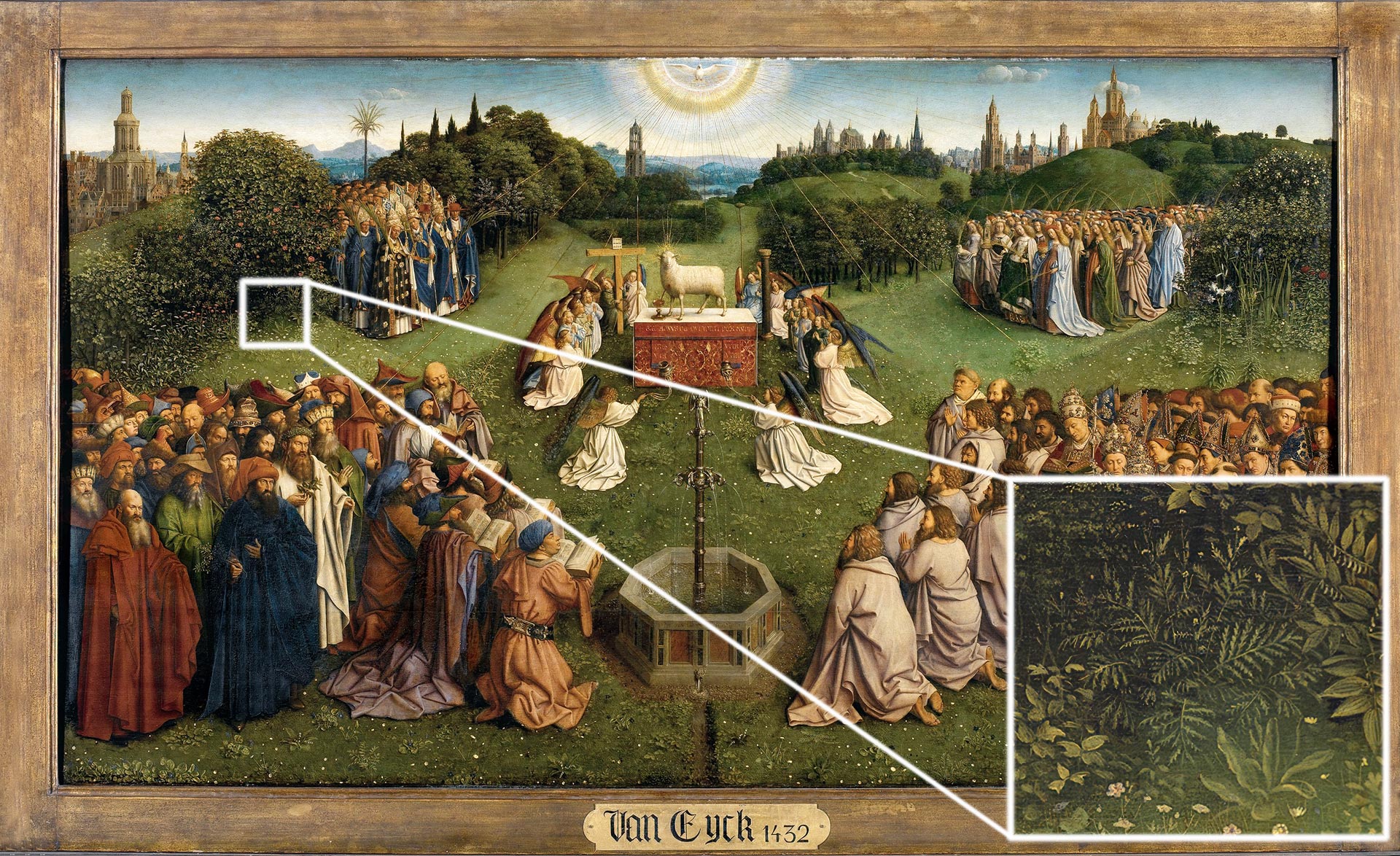 Ян ван Эйк. Гентский алтарь. Фрагмент. 1432 год. Рисунок пижмы в левом углу картины.