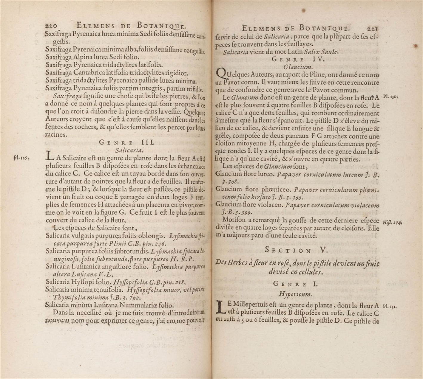 Страницы из книги Турнефора «Elémens de botanique, ou Méthode pour connoître les Plantes», посвящённые роду Salicaria